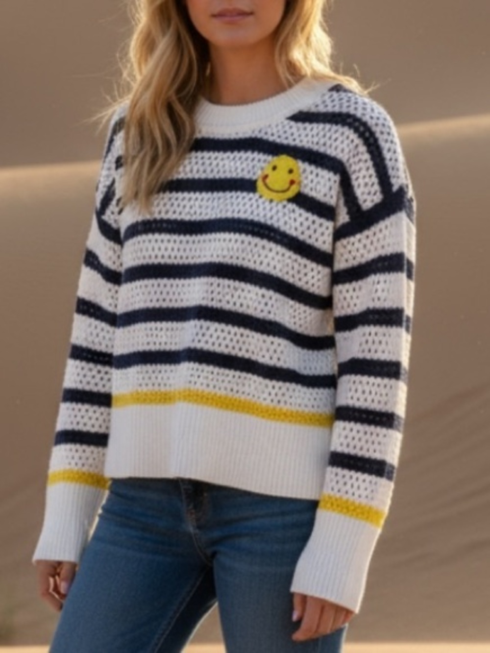 Kerri Rosenthal Crochet Open-Knit Striped Smiley Face Crewneck Sweater